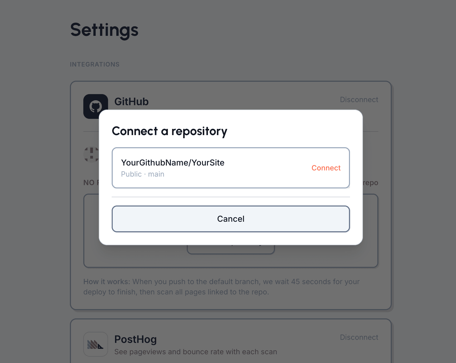 Repository picker for GitHub deploy monitoring setup in Loupe