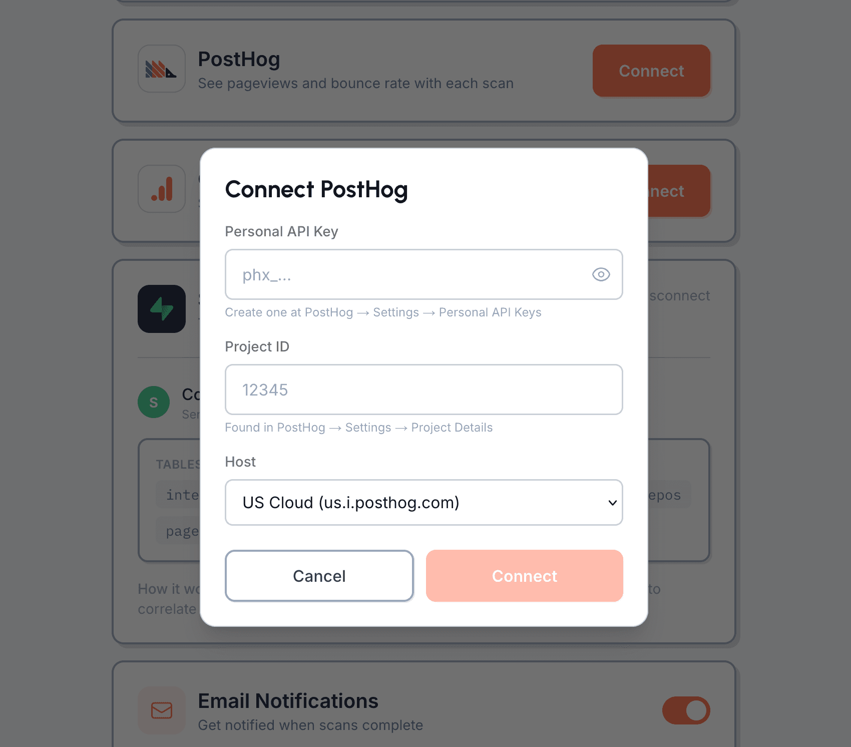 PostHog credentials modal with API key, Project ID, and host fields